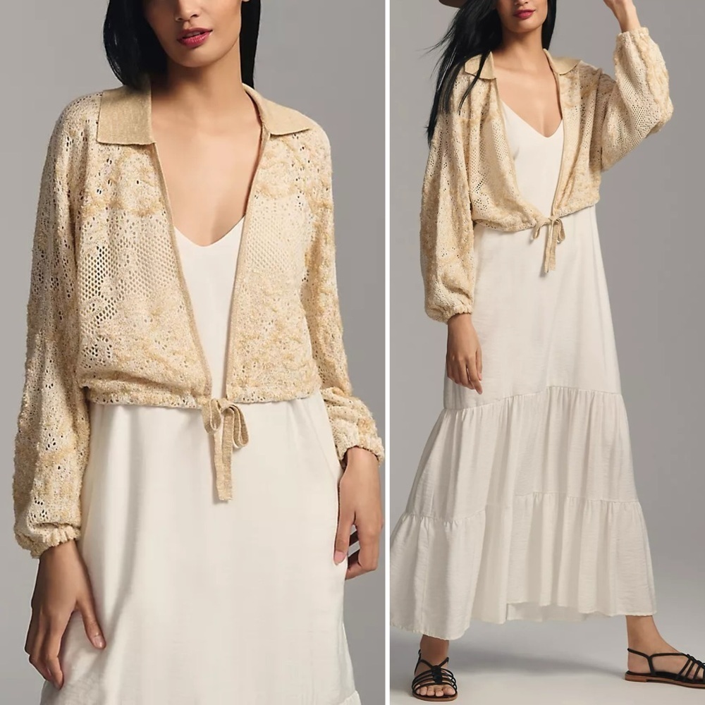 By Anthropologie Beige Lace Front-Tie Cropped Cardigan Sweater, Size XS/S